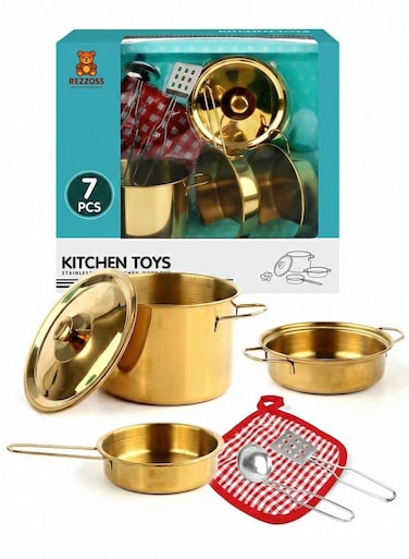 مجموعة ألعاب مطبخ للأطفال من ريزوس، 7 قطع، طقم أواني طهي فاخرة من الفولاذ المقاوم للصدأ الذهبي، تتضمن أدوات الطبخ والأغطية وحامل الأواني، ألعاب تعليمية للأطفال الصغار من الجنسين