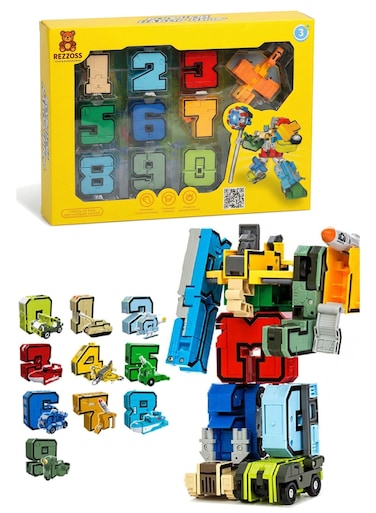 Rezzoss 10 Piece Number Bots Transformer Toys Set - Math Action Figures Transform into Cars, Tanks &amp; Jets, Combine To Build Big Robot, STEM Educational Construction Building Blocks, Best Birthday Eid