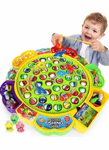 Rezzoss 45-Piece Rotating Fishing Game Board For Kids - Up To 5 Players Interactive Family STEM Toy, Multicolor Catching Game For Motor Skills, Sensory Pretend Play, Best Eid, Ramadan, Birthday Party