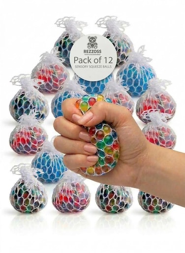 Rezzoss 12-Pack DNA Bead Stress Ball Fidget Toy For Kids &amp; Adults - Colorful Mesh Squishy Squeeze Ball Set, Premium Sensory Toy For Anxiety Relief, Calm &amp; Focus, Best Birthday Goodie Bag Fillers