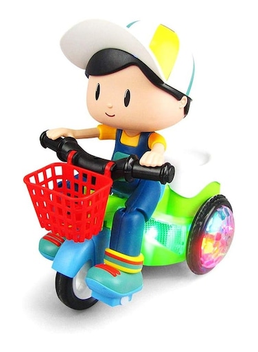 Rezzoss Electric Stunt Tricycle Toy For Kids - 360&deg; Rotating Robot Bike With LED Lights &amp; Music, Automatic Bump &amp; Go Scooter With Cute Cartoon Rider, Battery Operated Interactive Action Vehicle