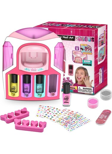Rezzoss Kids Nail Art Kit With Electric Dryer - Girls Nail Salon Studio Station, 4 Non-Toxic Peel-Off Nail Polishes, Glitter, Gems &amp; Stickers, DIY Manicure Pedicure Toy Set, Best Birthday Christmas