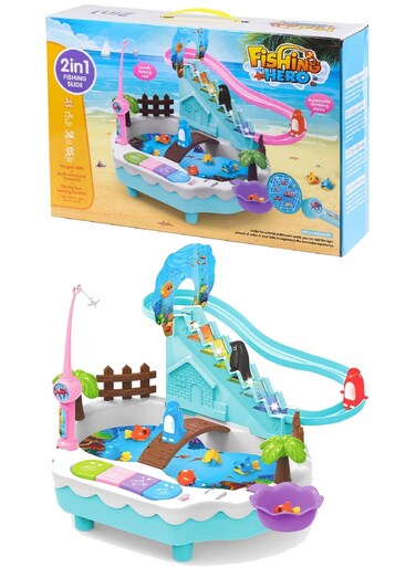 Rezzoss 2-In-1 Electric Magnetic Fishing Toy &amp; Penguin Slide Game - Interactive Water Pond Playset With Music &amp; Lights, Automatic Climbing Stairs Track, Montessori Educational Sensory Gift
