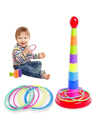 Rezzoss Stacking Cups, Kids Ring Toss Cast Circle Sets Game, Stack Up Nesting Tower Colorful Toy Early Game Gifts, 8 Layer Rainbow Building Cup And 8 Rainbow Circles