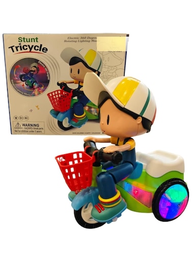 Rezzoss 360 Degree Rotating Musical Stunt Tricycle Toy With Flashing Lights &amp; Bump - Multicolor