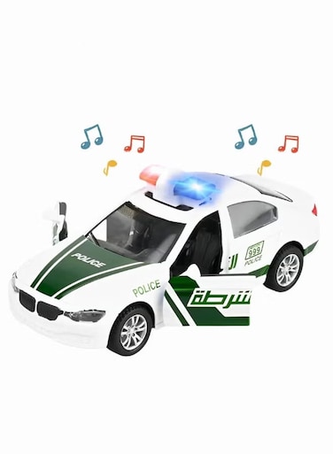 Rezzoss Dubai Police Diecast Car Model Toy With Lights &amp; Siren Sound, Pull Back Alloy Metal Cop Vehicle For Kids &amp; Collectors, Openable Doors Simulation Patrol Car, White &amp; Green