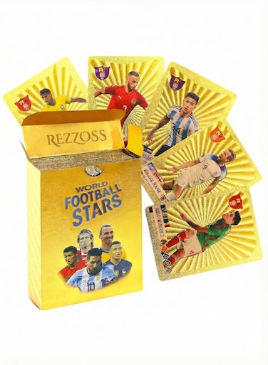 Rezzoss 55 Pcs Gold Foil World Football Stars Soccer Cards - Lionel Messi, Cristiano Ronaldo &amp; Neymar Trading Card Deck, Golden TCG Collectible Set For Kids, National Team Players Battle Game