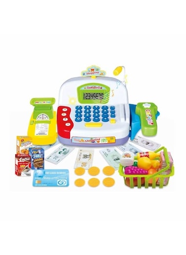 لعبة ماكينة تسجيل المدفوعات النقدية للأطفال من ريزوس - مجموعة لعب إلكترونية مع ماسح ضوئي وميكروفون وآلة حاسبة وأطعمة لعب، تعمل بالبطارية، مجموعة لعب تمثيلية لمتجر بقالة مع سلة تسوق ونقود