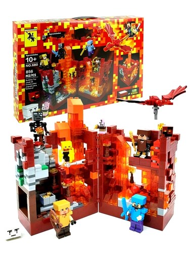 Rezzoss 856 Pcs Red Fortress Building Blocks Set With LED Lights - DIY Pixel Game Castle Construction Toy, Themed Battle Playset For Boys &amp; Girls 10+, Educational STEM Brick Kit, Red Nether World