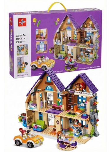 Rezzoss 861 Pcs Dream Villa Building Kit With 3 Mini Dolls, Horse &amp; Car - 2-Story Friends House Construction Toy For Boys &amp; Girls 6+, DIY Furnished Cottage With Climbing Wall, Educational Stacking