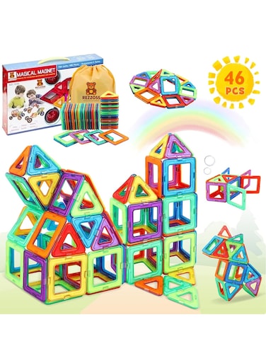 Rezzoss 46 Pcs Magnetic Building Blocks Set For Kids - 3D Colorful Magnet Tiles Construction Toy, STEM Educational Puzzle Game For Motor Skills, Best Birthday, Eid &amp; Ramadan Gift For Boys &amp; Girls