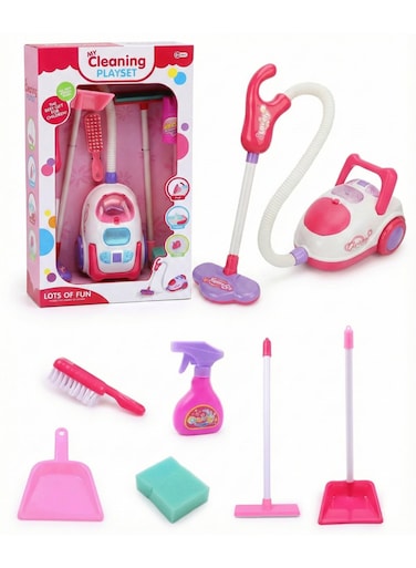مجموعة تنظيف للأطفال من ريزوس مع مكنسة كهربائية لعبة (أضواء وأصوات) - مجموعة لعب منزلية مكونة من 8 قطع للبنات والأولاد، تتضمن مكنسة وممسحة ومجرفة وفرشاة باللون الوردي، هدية تعليمية مونتيسوري