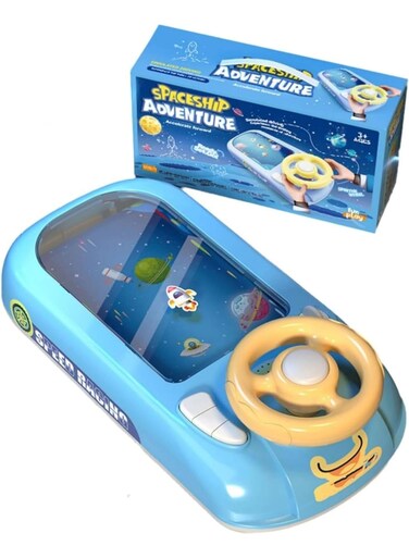 Rezzoss Baby Musical Steering Wheel Toy - Spaceship Adventure Simulated Space Racing Car Driving Game, Interactive Sensory Console With Scrolling Screen, USB Rechargeable Activity Center, Blue