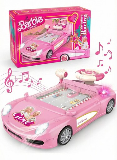 Rezzoss Racing Car Toy For Girls Barbie Adventure Theme - Pink Simulated Driving Dashboard With Steering Wheel &amp; Scrolling Screen, Musical Sensory Activity Center With LED Headlights &amp; Sound