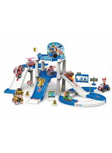 مجموعة ألعاب موقف السيارات من ريزوس - لعبة باو دوغ باترول - مرآب من 3 مستويات مع منحدرات انزلاقية ومركبات إنقاذ صغيرة، لعبة مضمار سباق تشيس ومارشال وسكاي، هدية مغامرة مدينة الملاهي للأطفال