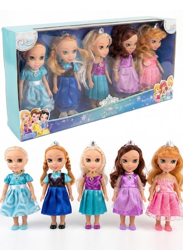 Rezzoss Princess Dolls Set For Girls 5 Pcs Pack - 21cm Mini Toddler Dolls With Real 3D Eyes &amp; Silky Hair, Posable Fashion Figures With Removable Tiaras &amp; Shimmering Gowns, Frozen Elsa Anna Style Toy
