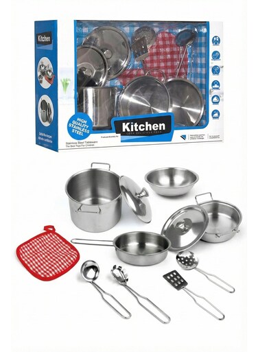 مجموعة ألعاب مطبخ ريزوس المصنوعة من الفولاذ المقاوم للصدأ للأطفال - مجموعة من 9 قطع من الأواني والمقالي المعدنية الواقعية، مجموعة أدوات طبخ وأواني لعب الأدوار مع حامل للأواني