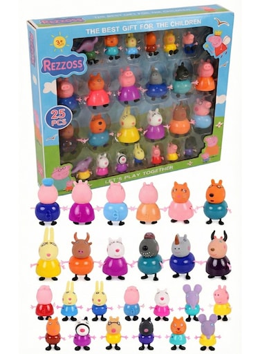 Rezzoss Pig Family &amp; Friends Toy Set - Peppa-Pig, Friends &amp; Family 25 Piece Large Figure Pack, Includes Peppa, George, Mummy, Daddy, Grandpa &amp; Classmates, Cute Cartoon Animal Character Playset