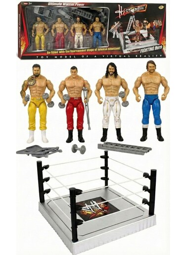 Rezzoss Wrestling Action Figures With Ring Playset - Flexforces 4 Pcs Ultimate Warrior Power Fighting Heroes, WWE Style Wrestler Toy Models With Ladder, Chair &amp; Dumbbell Accessories, Miniature