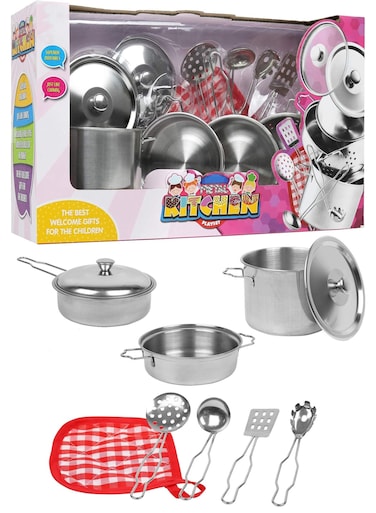 مجموعة ألعاب مطبخ ريزوس المصنوعة من الفولاذ المقاوم للصدأ، 8 قطع للأطفال - أواني طهي معدنية واقعية مع أغطية وأدوات طبخ وحامل أواني، مجموعة لعب طبخ صغيرة، تعليم مونتيسوري