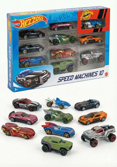 Rezzoss 10 Pcs Die-Cast Metal Cars Set 1:64 Scale - Multicolor Speed Machine 10 Racing Vehicles, Sports, Police, Shark &amp; Superhero Themed Alloy Models, Mini Pocket Car Collection, Birthday Eid