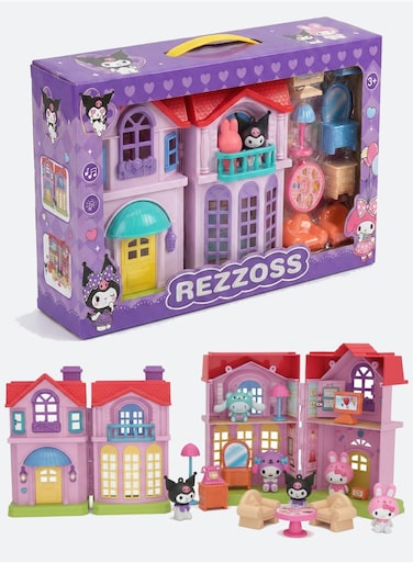 مجموعة ألعاب غرفة طعام بيت الدمى كورومي من ريزوس مع أضواء LED وموسيقى - فيلا بنفسجية من طابقين يمكنكِ تركيبها بنفسكِ مع أثاث وشخصيات ماي ميلودي، لعبة تفاعلية لحفلة شاي سانريو