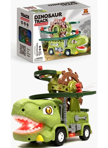 Rezzoss 3-In-1 Dinosaur Truck Toy For Kids - T-Rex Vehicle With Roller Coaster Track &amp; 3 Sliding Little Dinos, Glow In The Dark LED, Music &amp; Obstacle Detection, Bump And Go Car Playset, Birthday