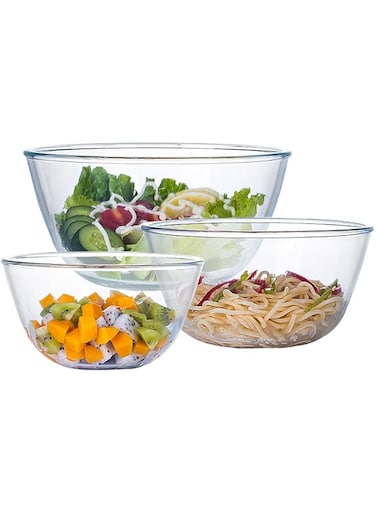 Homwin Glass Mixing Bowl Set for Baking 3-Piece Salad Bowl Set (1qt, 2.5qt, 4.2qt), High Brosilicate Large Bowls for Kitchen Prepping Serving and Storage, Microwave Dishwasher Oven Safe