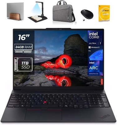 Lenovo ThinkPad E16 Gen 3 AI Business Laptop - Intel Ultra 7-255H, 24GB DDR5 RAM, 1TB NVMe SSD, Fingerprint Reader, Windows 11 Pro, Includes 1st Wave Laptop Stand &amp; Doc Scanner+Mouse+Antivirus+Bag
