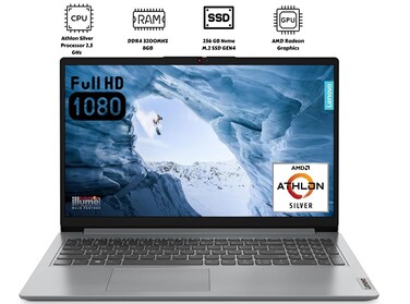 Lenovo IdeaPad 1 15AMN7 Laptop, 15.6" HD Display, AMD Athlon Silver Processor, 8GB RAM, 256GB SSD, AMD Radeon Graphics, Cloud Grey - International Version