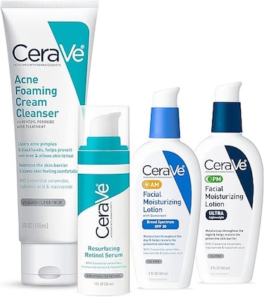 CeraVe Skin Care Set for Acne Treatment with Face Wash with Benzoyl Peroxide, Retinol Serum, AM Face Moisturizer with SPF &amp; PM Face Moisturizer