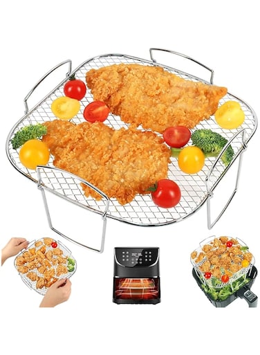 TERRIFI 8 inch Air Fryer Rack, Square Stainless Steel Dehydrator Rack, Air Fryer Basket Tray, Air Fryer Accessories Dishwasher Safe Fit for Oven, Compatible with Most Air Fryer