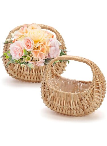 2Pcs Small Wicker Basket with Handle - Flower Girl Baskets for Weddings Rattan Basket Wedding Gift Flower Basket - Wicker Baskets Decorative Baskets for Home Decor Willow Basket Wicker Storage Basket
