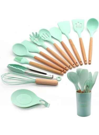 13-Piece Wooden Handled Kitchen Utensil Set Green/Brown One Size