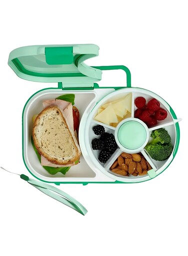 Kids Lunchbox with Small Snack Spinner Flip - Bundle with Hand Strap, 2-in-1 Bento Style Lunch Container, 5 Small +1 Large Sandwich Compartment, BPA &amp; PVC Free- Macaron Blue