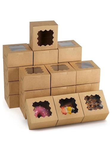 20pcs Brown Bakery Boxes, Small Cookie Box, Kraft Baking Boxes with Clear Windows for Strawberries Chocolate Dessert Treat Candy Donuts Mini Cake and Party Favor 4x4x2.5 Inches