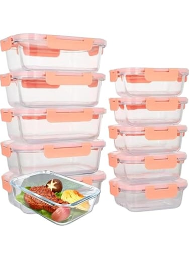 Glass Meal Prep Containers (10 pcs Rectangle) - Glass Food Storage Containers with Lids, Glass Lunch Box, Portion Control, Airtight, Glass Bento Box Lunch Containers- 10P Rectangle Pink