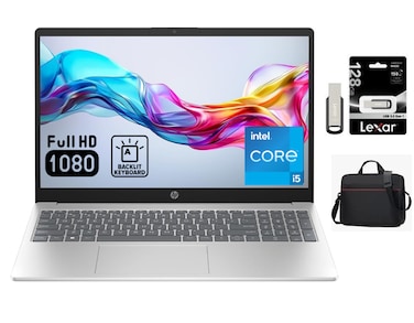 HP Laptop Intel Core i5-1334U 15.6inch FHD 512GB SSD 16GB RAM Intel Graphics Windows 11 English &amp; Arabic Keyboard Natural Silver [15-FD0336TU] + Lexar 128GB USB 3.2 Gen 1 M400 + Free Laptop Bag