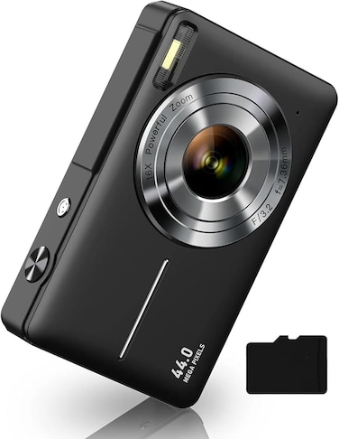 CAMKORY Digital Camera, FHD 1080P Kids Camera 44MP Point and Shoot Digital Cameras with 32GB SD Card, 16X Zoom, Two Batteries, Lanyard, Compact Small Camera for Kids Boys Girls, Black
