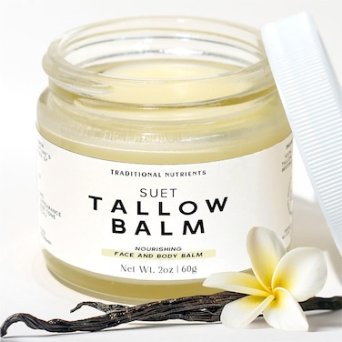 Suet Beef Tallow + Raw Honey Balm for Skin with Vanilla Essential Oil, Natural Grass Fed Tallow Moisturizer for Face and Body (2oz)