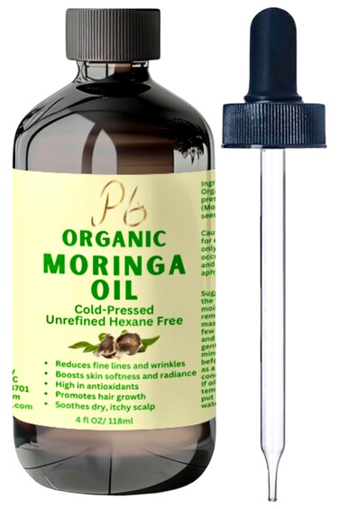 Premium Organic Cold-Pressed Moringa Oil, Unrefined &amp; Nutrient-Rich for Skin, Hair &amp; Body, Anti-Aging, Lightweight Face Oil, Natural Moisturizer 4 fl oz in Amber Glass Bottle
