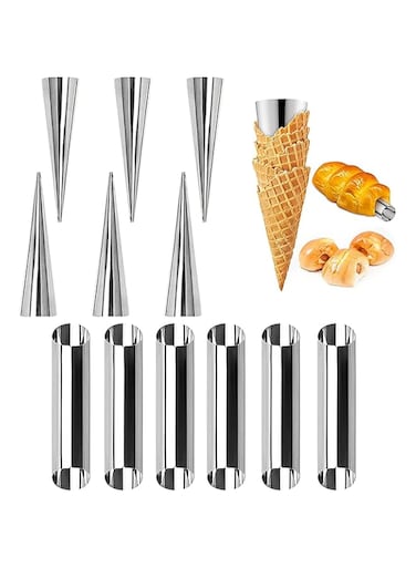 KASTWAVE Cream Horn Molds, 12 Pieces Stainless Steel Cone Shaped and Tubular Shaped Mold for Cannoli Tubes Ice Cream Lady Lock Puff Waffle Pastry Roll Horn Croissant Shell Cream Roll