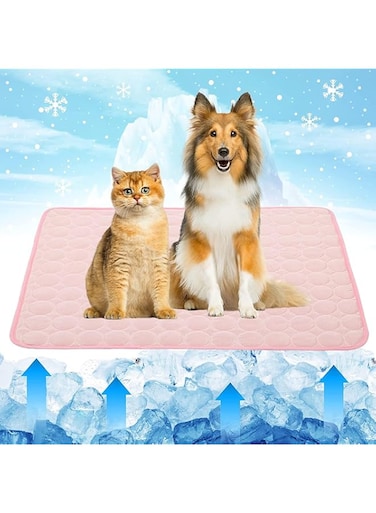 STAYOUNG Dog Cooling Pad - 70 * 100 Large Size Ice Silk Pad with Pet Hair Remover, Pet Cooling Mat, Summer Washable Ice Silk Pet Self Cooling Pad Blanket Home or Outdoor Portable (Pink)
