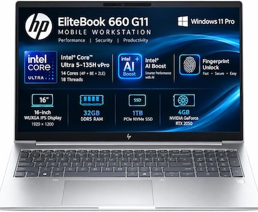 HP Elitebook 660 G11 Mobile Workstation Copilot+ PC Intel Core Ultra 5-135H vPro 16.0" WUXGA IPS Display 32GB DDR5 RAM 1TB SSD 4GB NVIDIA GeForce RTX 2050 Win 11 Pro English Backlight Keyboard Sliver