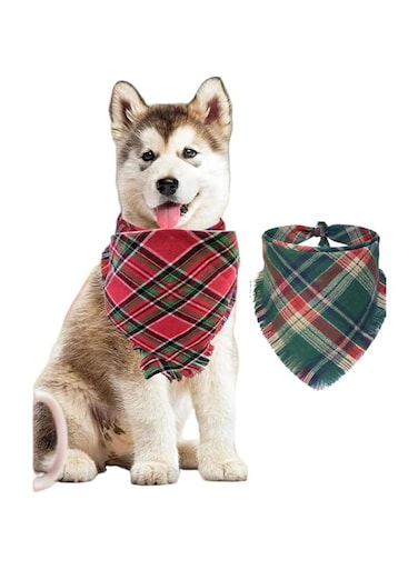 2 Pack Christmas Dog Bandanas with Tassels Edges, Dog Christmas Bandana Scarf Holiday Christmas Bandanas for Medium Large Dogs Christmas (Red green grid, One size)