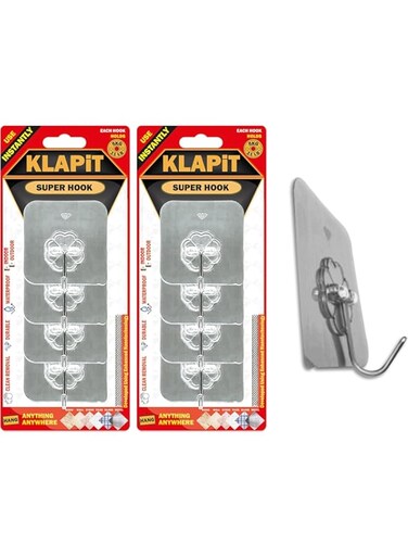 KLAPiT Super Hook Heavy Duty Adhesive, Holds 11 Pounds or 5Kg Weight, Waterproof and Damage Free for Wall, Tile, Wood, Stone, Glass, Metal, Made of Steel (Silver, 8 pc)