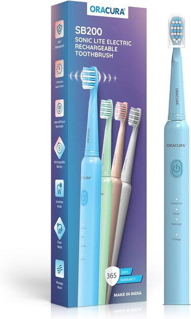 ORACURA Sonic Lite Electric Toothbrush SB200 Rechargeable 36000 Strokes Per Minute 3 Modes 25 Day Battery Timer Water Resistant USB Charging Brush Head Cap 1 Year Warranty (Blue)
