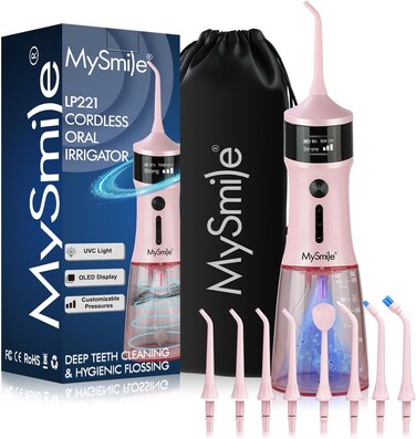 MySmile LP221 UVC Sterilizable Cordless Water Flossers for Teeth 335ML Portable OLED Display Dental Flosser with 4 Modes 8 Jet Tips and a Storage Pouch for Home and Travel (Juicy Pink)
