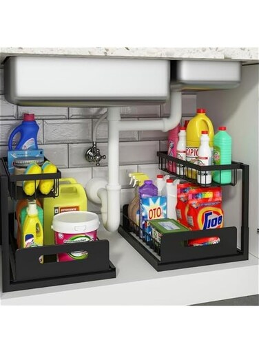 Pull Out Cabinet Organizer for Kitchen and Bathroom Storage - Black, Set of 2