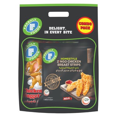 Freshly Foods Mild Homestyle Zingo Chicken Breast Strips, 500g + Tom and Jerry Chicken Nuggets, 750g